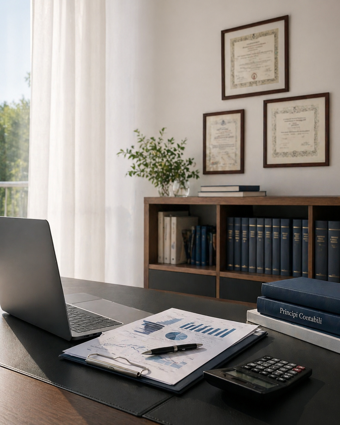 Ambiente professionale di studio con scrivania e luce naturale